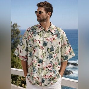 Linen Hawaiian Shirt XL Short Sleeves AOP Resort Wear Tropical Beach RELAXED FIT